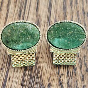 Vintage Swank 1" Spinach Jade Cabochon Gold Cufflinks Chain Attachment
